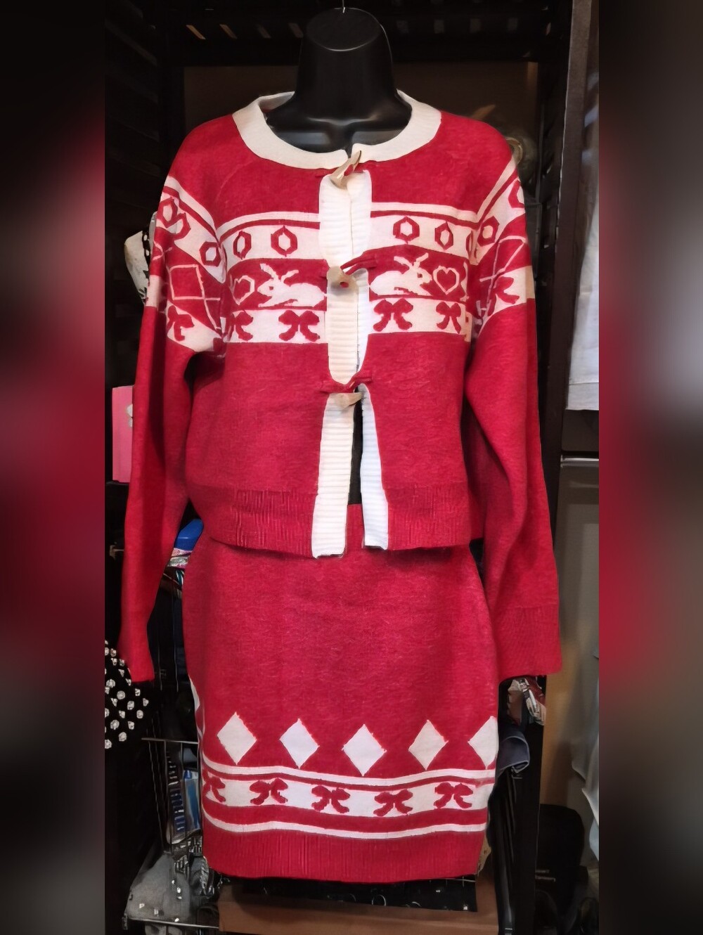 Red White Fair Isle Nordic Christmas Knit Cardigan Sweater Top Mini Skirt Set L